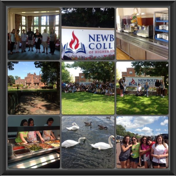 Mosaico de fotos do intercâmbio no Newbold College, com passeios e paisagens da viagem