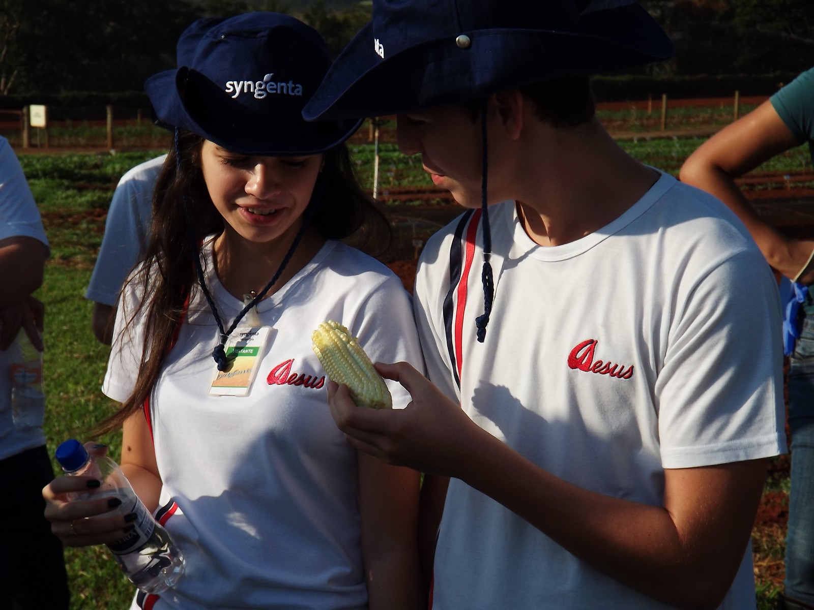 Alunos de boné analisando mudas na visita à estação experimental da Syngenta em Holambra