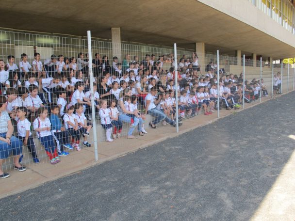 Alunos perfilados no pátio coberto para a demonstração de cães amestrados e agility