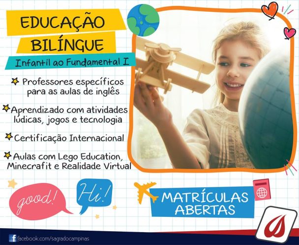Peça da Educação Bilíngue, do infantil ao fundamental I, com matrículas abertas e a lista de diferenciais