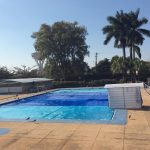 Piscina e palmeiras do colégio, registro do projeto Releitura de Imagens do 2º ano