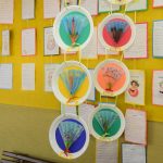 Estande com os trabalhos dos alunos na exposição da Semana Cultural
