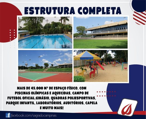 Peça Estrutura Completa com fotos da piscina, do campo, das quadras e do parque, citando mais de 45 mil metros quadrados
