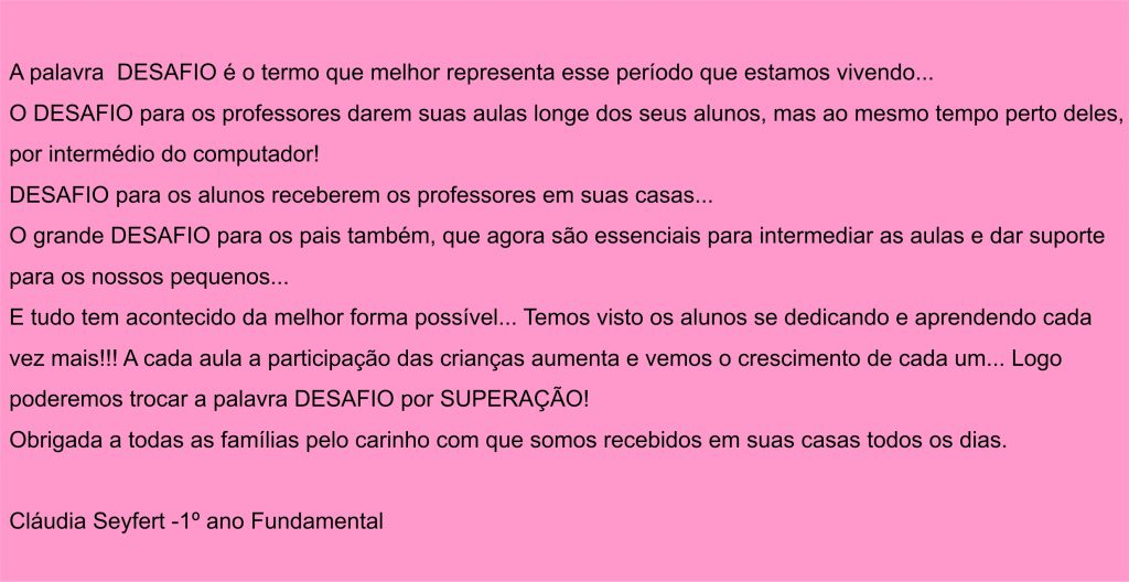 Depoimento de uma professora do colégio sobre a experiência com as aulas remotas