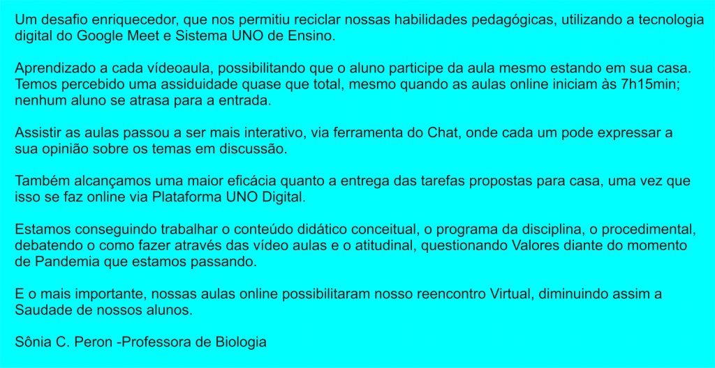 Depoimento da professora de Biologia sobre a experiência com as aulas remotas