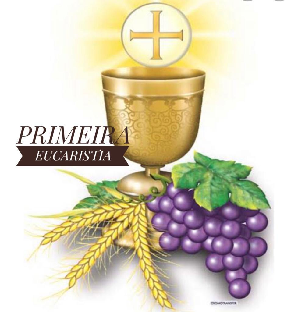 Arte da Primeira Eucaristia com cálice dourado, espigas de trigo e uvas