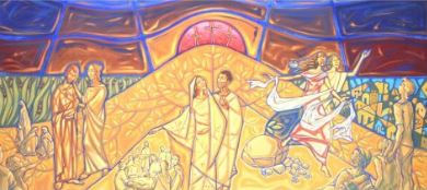 Painel artístico com cena religiosa, usado no agradecimento às Irmãs Calvarianas