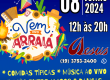 Cartaz da Festa Junina do Coração 2024, dia 8 de junho, das 12h às 20h, com comidas típicas, música ao vivo e danças