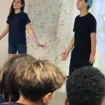 Alunos se apresentam no palco durante o Show de Talentos