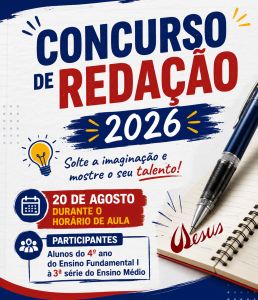 Cartaz do Concurso de Redação 2026: 20 de agosto, durante o horário de aula, para alunos do 4º ano do Ensino Fundamental I à 3ª série do Ensino Médio