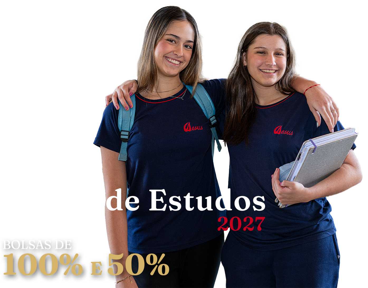 Duas estudantes do colégio de uniforme, lado a lado.